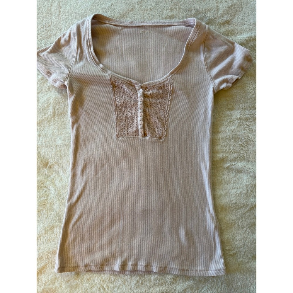 Hollister Womens Ribbed Henley Top Pink Lace Inset Short Sleeve Scoop Neck Med